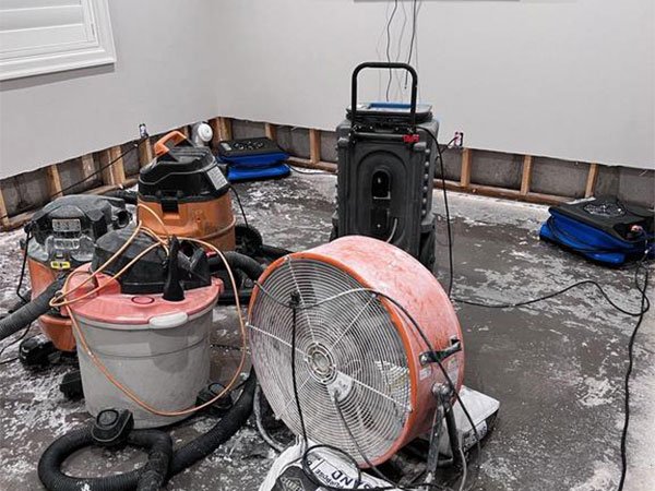 Water damage restoration equipment in flooded room.